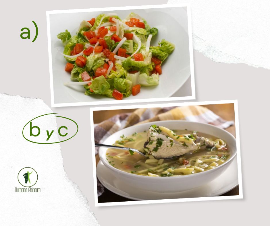 Ensalada de cogollos y pimiento rojo con Sopa de pollo con fideos.